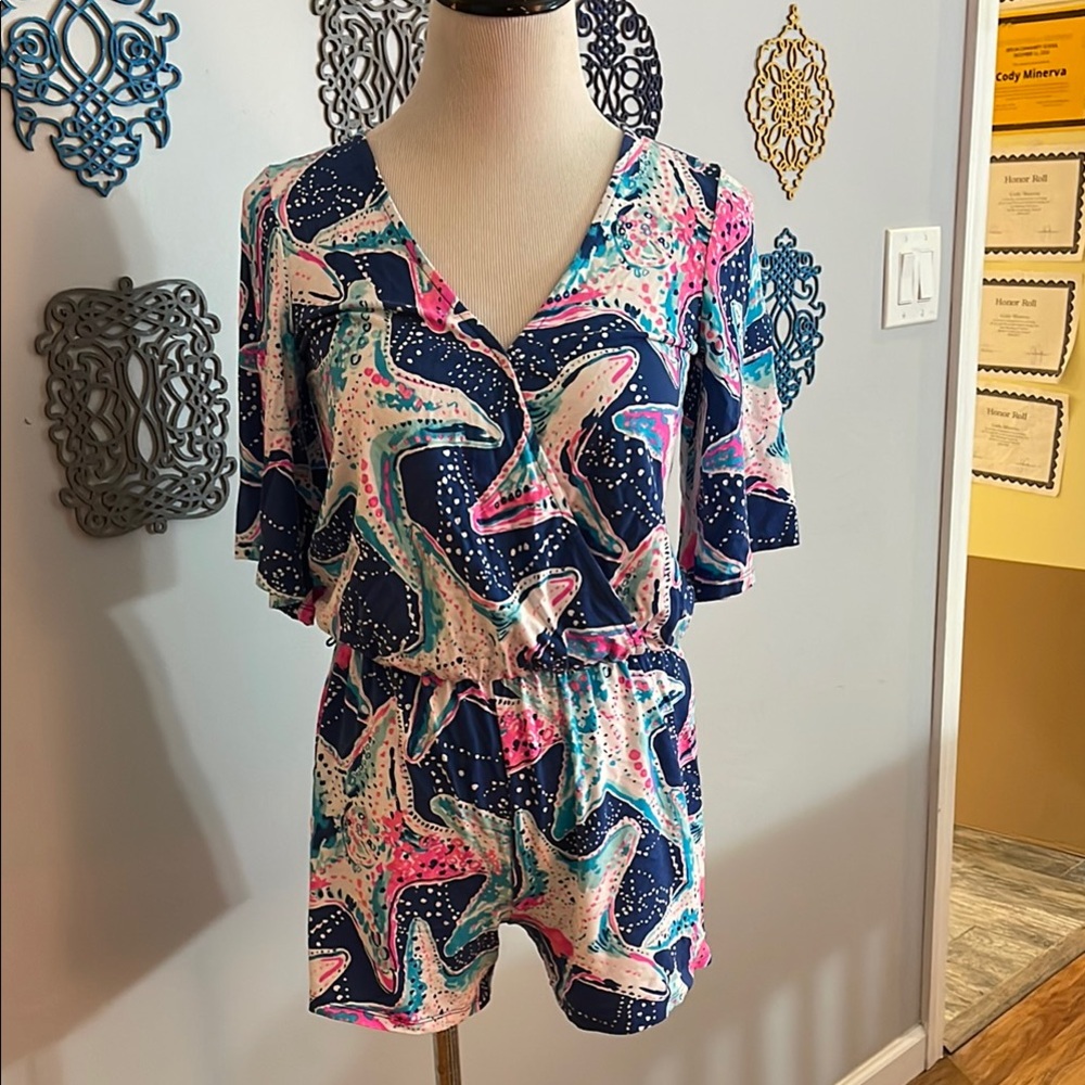 Lilly Pulitzer Madilyn Sea Star Struck  Romper with Flutter Sleeve size xs